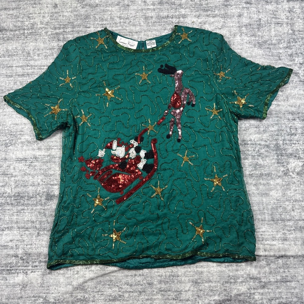 Lawrence Kazar New York Beaded Silk Top Womens L Christmas Santa Sleigh Glam